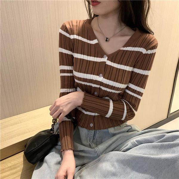 

women's knits & tees make firm offers v-neck spell color stripe knitting cardigan early autumn sweater coat, White