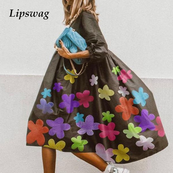 

women vintage floral print loose dress 2020 summer elegant half sleeve party dress casual o-neck ladies a-line vestido 5xl1, Black;gray