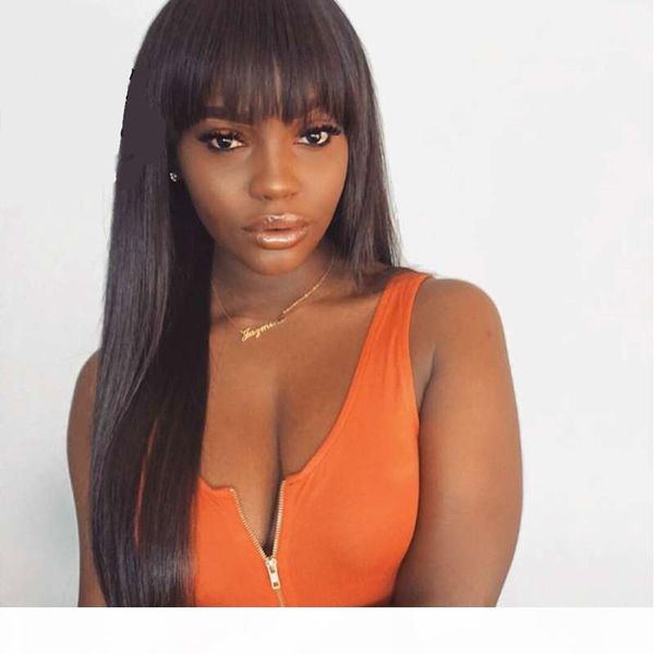 

straight lace front wig peruvian virgin hair full fringe wig human hair glueless full lace wig with bangs bleached knots for black women, Black;brown