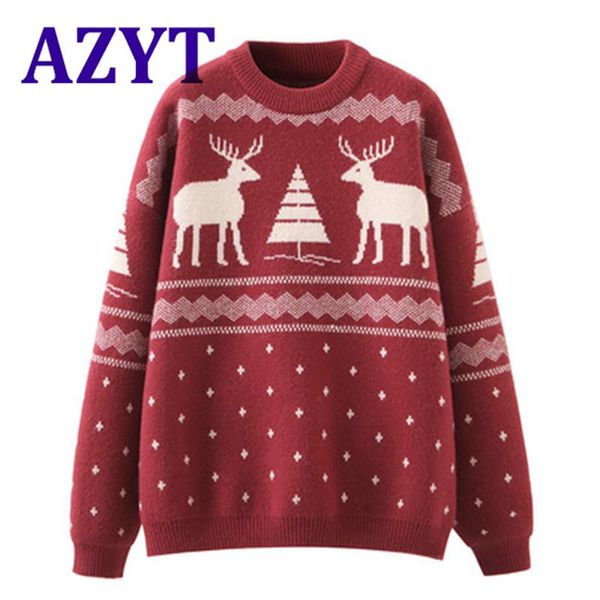 

women's sweaters azyt women autumn winter sweater pullovers o neck chic print christmas jumpers streetwear thicken coat 2021, White;black