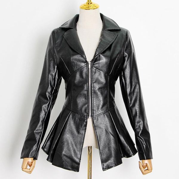 

seebeautiful pu leather stitching ruffles hem jacket coat lapel long sleeve zipper new fashion 2021 autumn winter women m1971, Black;brown