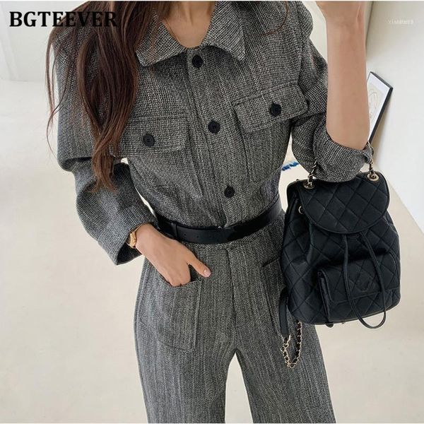 

bgteever elegant single-breasted overalls rompers for women autumn ladies elastic waist wide leg playsuits female style 202011, Black;white