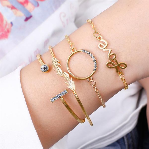 

4pcs letters love link chain bracelets set for women alloy gold metal leaf head open bangle set jewelry accessories, Black