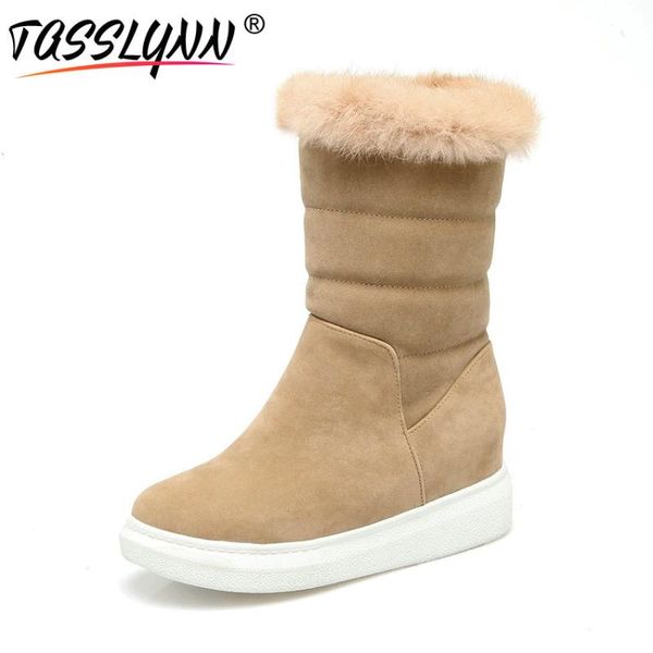 

tasslynn 2020 women boots warm suede round toe snow boots plush slip on comfortable med heels fur mid-calf plus size 34-43, Black