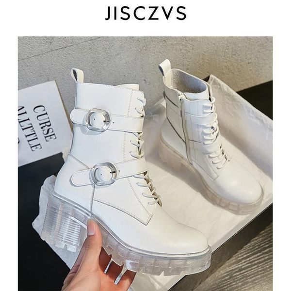 

white double belt buckle design boots women transparent platform ankle boots women genuine leather short, Black