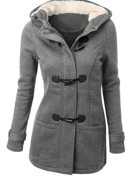 

fashion autumn jacket women hooded women's woolen long winter horn button coat overcoat, Black