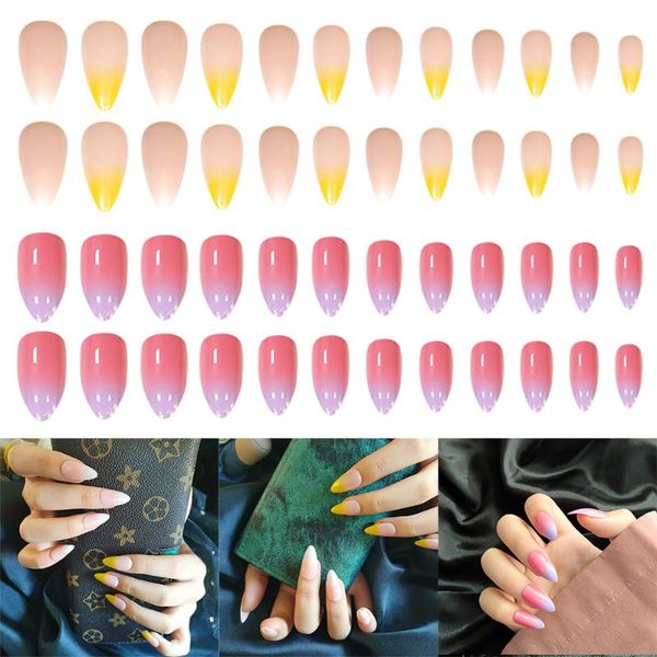 

false nails 24pcs gradient full cover ballerina fake detachable nail art, Red;gold