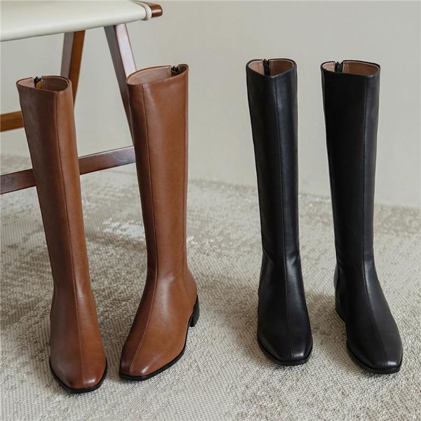 

boots 2021 retro square toe western women sheepskin knee-high riding equestrian flat solid color back zip ladies shoes, Black