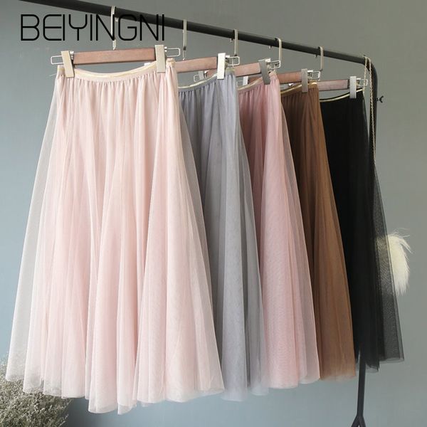 

beiyingni tulle skirts women mesh elastic waist 4colors tutu skirt sweet kpop fashion bridesmaids pleated skirts falda saia midi 1015, Black