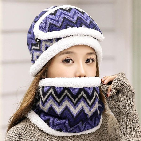 

[hat scarf mask] woolen knitted sleeve cap and scarf set autumn and winter hat three-piece ladies, Blue;gray