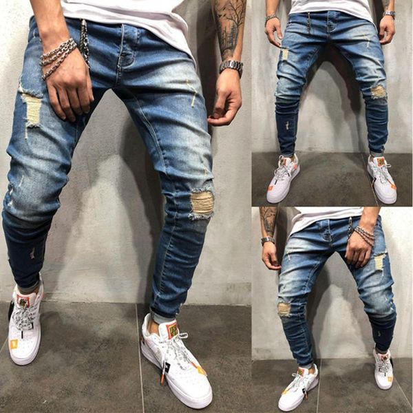 

jeans men's autumn winter jogger patchwork casual drawstring jogging pants pants vaqueros hombre plus size men jeans1, Blue