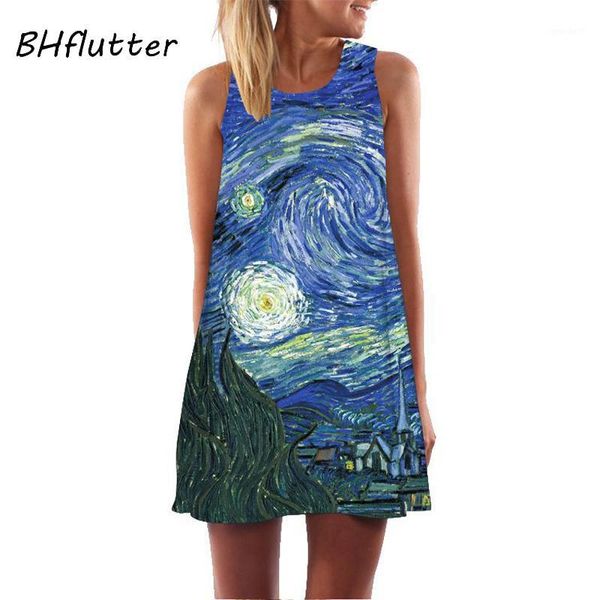 

casual dresses bhflutter vestidos verano 2021 dress women harajuku sky print summer a line sleeveless ladies short chiffon dresses1, Black;gray