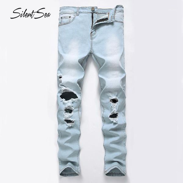 

silentsea men fashion brand designer ripped biker jeans distressed hole brand denim joggers destroyed knee jeans1, Blue