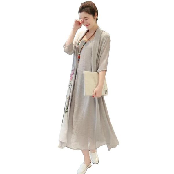 

2021 new fashion summer women dress fake two chinese robes vintage print seven sleeves dress plus size cotton linen lm5, Black;gray