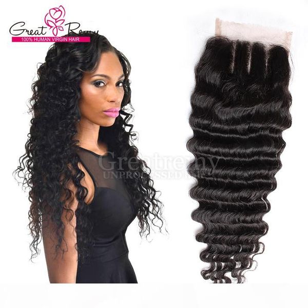 

three part 4*4 closure hairpieces brazilian deep wave virgin human hair dyeable greatremy factory dropshipping, Black