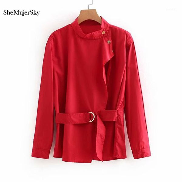 

women's blouses & shirts shemujersky red womens clothing long sleeve blouse buttons o-neck with belt solid bluzka1, White