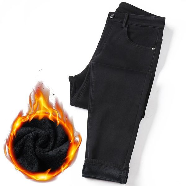

men's jeans classic black warm business casual plus velvet cowboy pants male elastic slim fit denim trousers size 42 44 46, Blue
