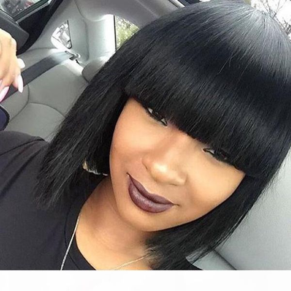 

short full lace wigs brazilian human hair glueelss remy hair short lace front human hair bob wig with bangs for black women, Black;brown