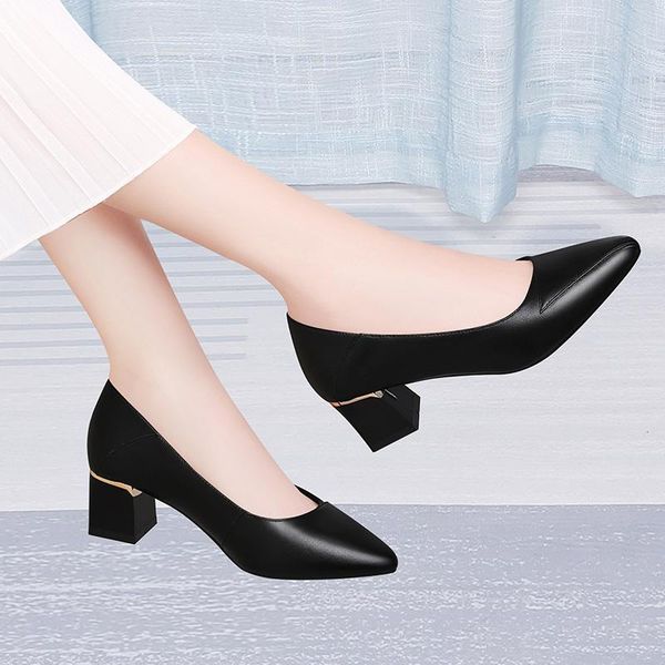 

2021 new solid black ladies pumps women shoes woman leather square high heels shallow casual shoes oxfords elegant office