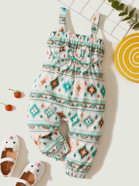 

baby girl geometric pattern bow suspender jumpsuit she, Blue