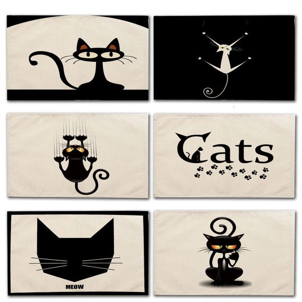 

1pcs cute black cat pattern kitchen placemat dining table mats drink coasters western pad cotton linen cup mat 42*32cm ma0003