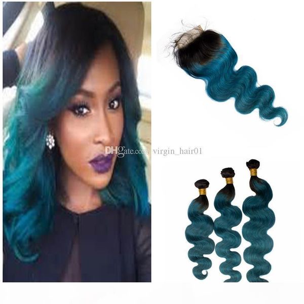 

dark roots human hair weaves with lace closure blue human hair weaves with lace closure two tone teal body wave with closure, Black;brown