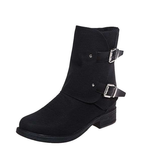 

boots low heel retro vintage winter women leather 2021 fashion buckle round toe shoes plus size side zipper boot, Black