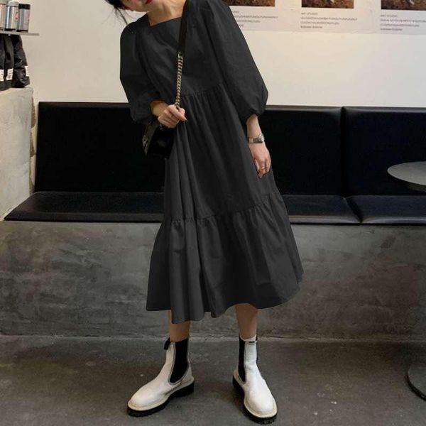 

2021 casual pleated long dress vonda stylish solid puff dress women's spring dresses maxi vestidos female square neck sundress1, Black;gray