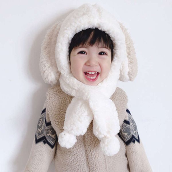 

autumn scarf integration children and winter hat girl boy rabbit lamb plush warm baby ear cap ym0a, Red;brown