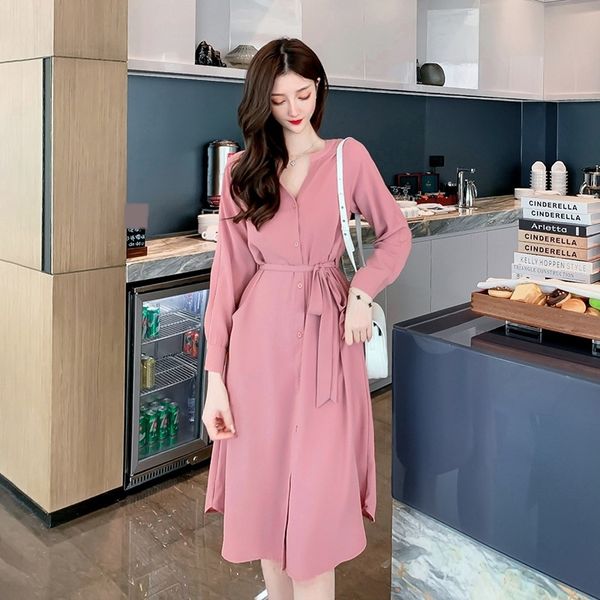 

autumn 2020 new solid dress color single breasted medium length lace up waist long sleeve lined dress gtgme, Black;gray