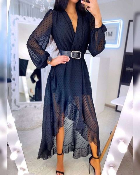 

v-neck new waist summer fashion 2020 polka lace drs, Black;gray