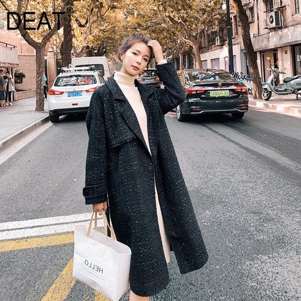

deat] thick woolen coat women elegant with sashes full sleeve lapel trench wild long high street 2020 new autumn fashion tu392, Black