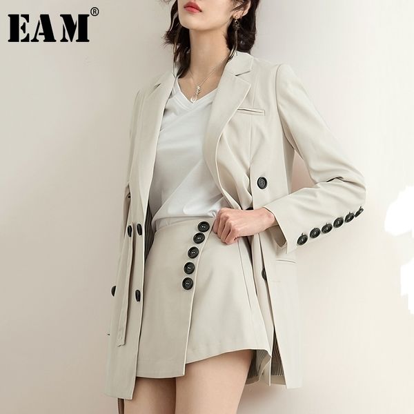 

[eam] new spring summer lapel long sleeve beige brief button split joint loose jacket women coat fashion tide jq290 201109, Black;brown