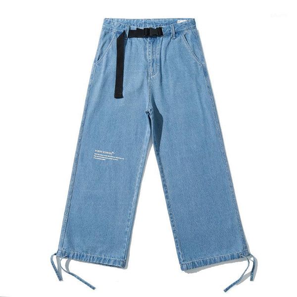 

summer trendy couple skateboarding pants hong kong trendy tooling loose wide legs drawstring beam feet jeans old pants men1, Blue