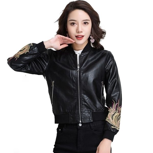 

ladies 2021 new flower embroidered women's casual female black leather jacket 74k4
