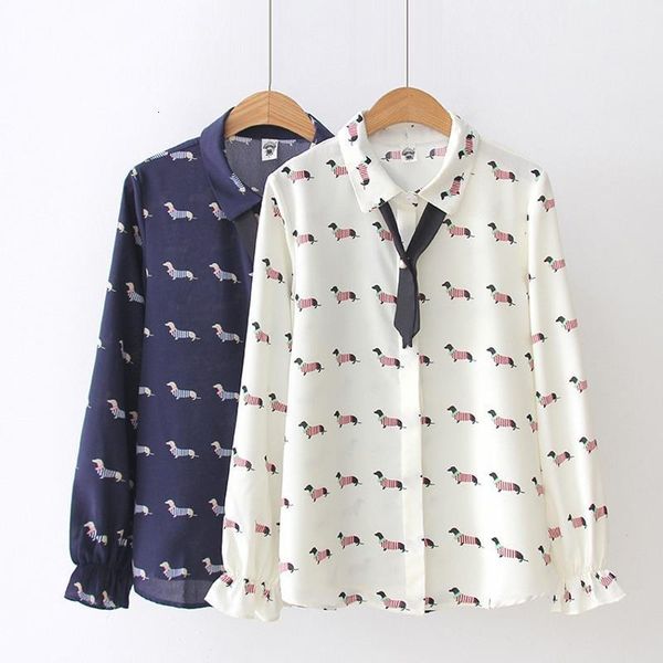 

cute dachshund print women blouse chiffon shirt preppy style dog print turn-down collar bowtie flare sleeve spring autumn t83701, White