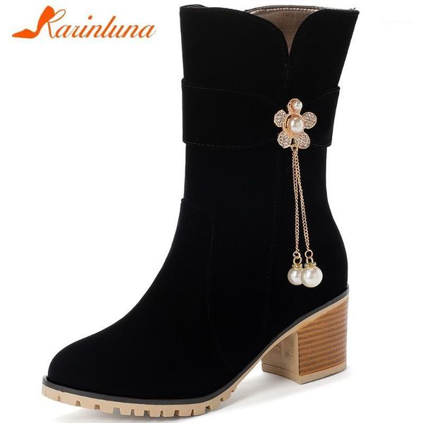 

boots karin dropship fashion woman shoes flock leisure metal decroation round toe square thick heels mid-calf boots1, Black