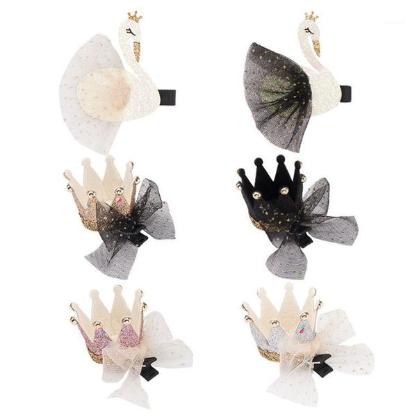 

hair accessories 12pc/lot glitter white/black mesh gauze swan clips three-dimensional crown barrette princess hairpins kids accessories1, Slivery;white