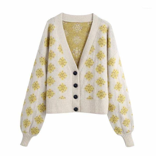 

2020 autumn winter casual loose sweaters coats v-neck long sleeve single breasted jacquard female cardigans sweater outerwear1, White