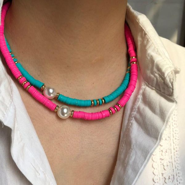

2pcs/set colorful polymer clay slice beaded necklaces 10mm big round baroque pearls necklaces choker collar ethnic boho beach, Golden;silver