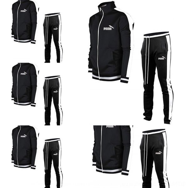 

66hip autumn matching and zipper stand collar shirt suit zipper shirt spring sports color men's two piece set erbby, Black