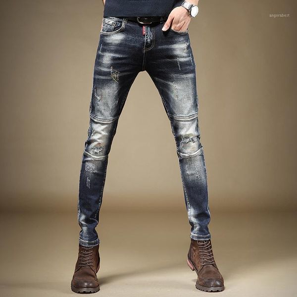 

men blue patchwork jeans embroidery straight pants slim fit fashion streetwear cotton ripped denim trousers1