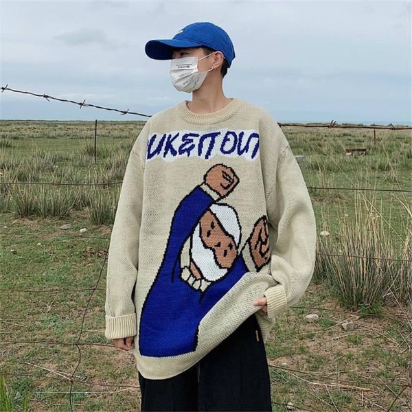 

2020 autumn and winter new men's fashion hong kong style cartoon round neck sweater youth casual loose pullover sweater size -5xl, White;black