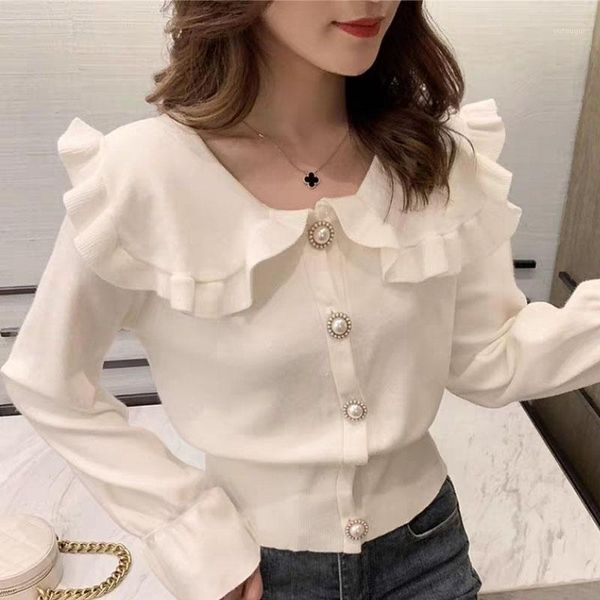 

shintimes autumn turn-down collar womens sweater korean sweaters button cardigans flare sleeve retro sweater knitted womens clot1, White