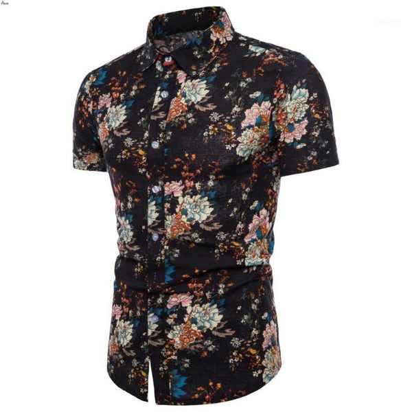 

2018 fashion mens short sleeve hawaiian shirt summer casual floral shirts for men brand pattern linen plus size -5xl1, White;black