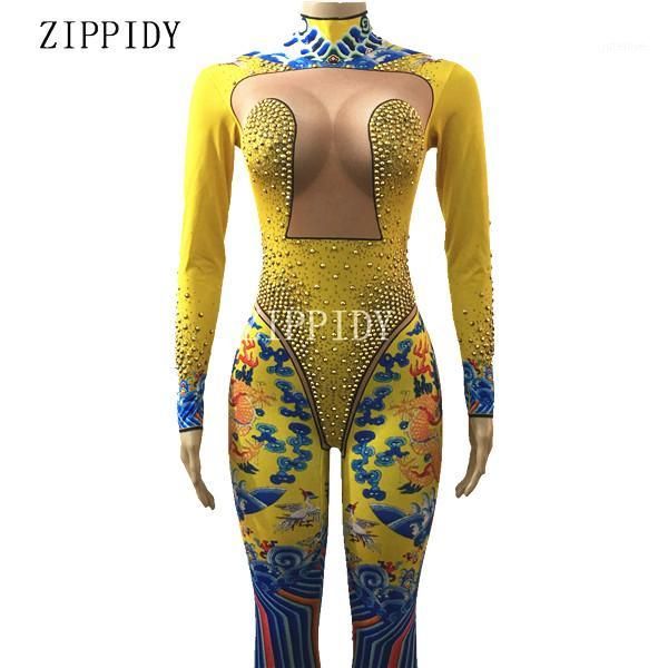 

gold rhinestone blue dragon jumpsuit female singer stage wear bodysuit leggings costume glisten stones stretch outfit1, Black;red
