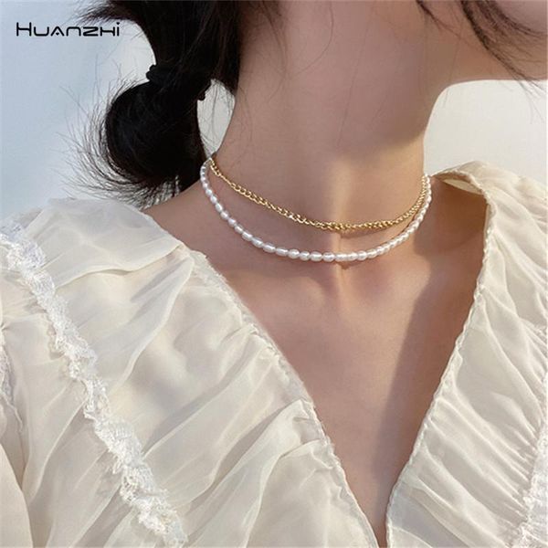 

huanzhi 2021 vintage natural freshwater pearl necklace metal chain double-layer necklace for women girls party jewelry, Silver