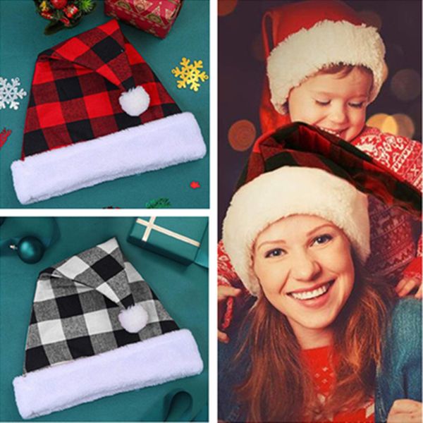 

buffalo plaid christmas hat plush santa clause cap red black plaids winter beanies with pom short fleece fur xmas party headwears ly10292