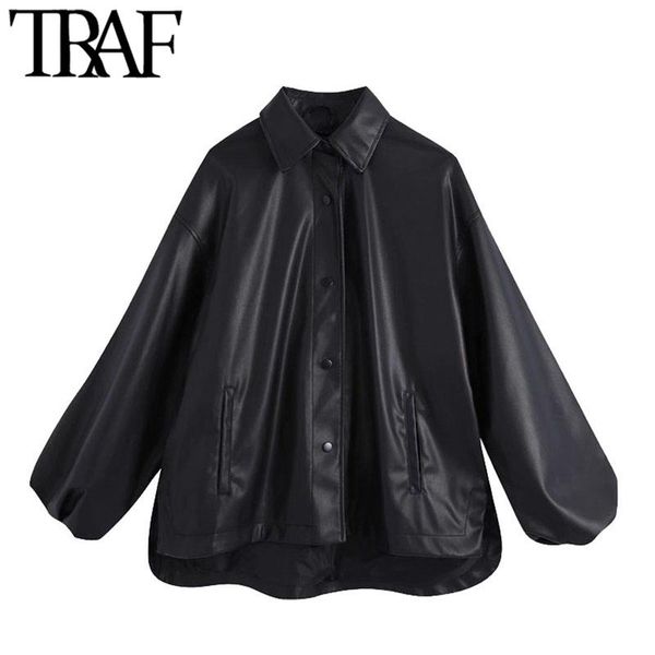 

women's jackets traf women fashion faux leather oversized asymmetric jacket coat vintage lantern sleeve female outerwear chic, Black;brown