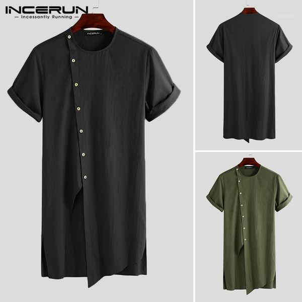 

men shirt clothes solid color 2020 button vintage kurtas cotton short sleeve muslim kaftan irregular long shirts incerun1, White;black